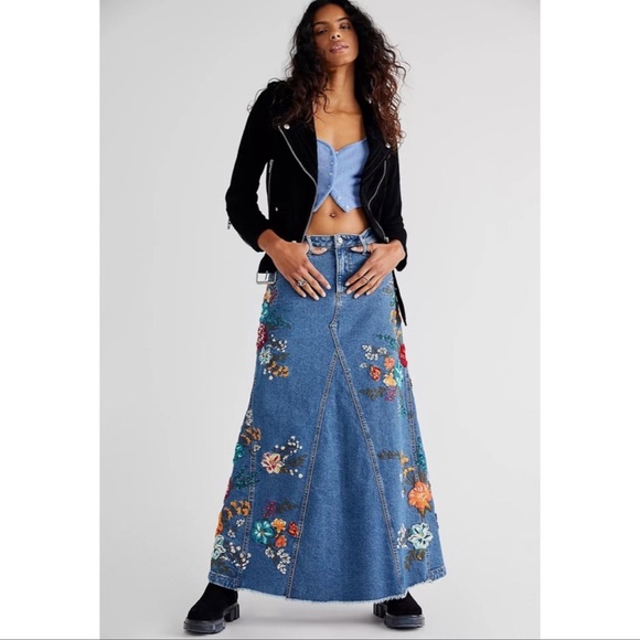 NEW Free People x Driftwood Embroidered Denim Maxi Skirt Size 29 - Picture 14 of 14
